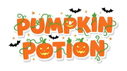 Pumpkin Potion Banner: Halloween themed design spells out Pumpkin Potion with spooky pumpkins, bats and stars to add a touch of playful spookiness