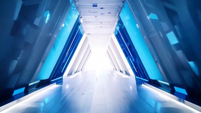 Futuristic corridor with blue lighting and sleek design, showcasing a continuous motion sequence that draws the viewer deeper into the illuminated space