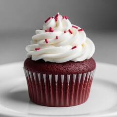 A single red velvet cupcake with creamy white frosting and red sprinkles, presented on a white plate against a soft grey background