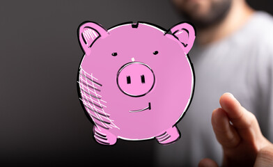 Hand holding digital piggy bank.  Savings, finance, money, budget, investment.