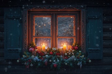 Wooden cabin window at night with snow outside, featuring festive ornaments and lit candles on the sill