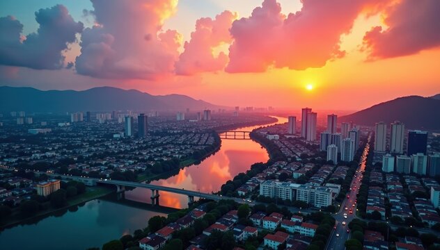 Dense urban sprawl, Pasig River, bridges, sunset hues, image, urban, urban landscape