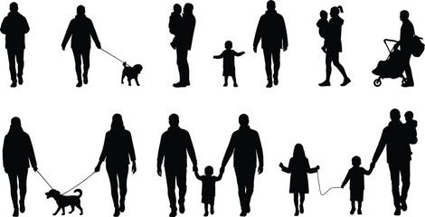 Black silhouette family walking with children and dogs vector illustration showing outdoor activity, love, bonding, parenting, and peaceful lifestyle scene