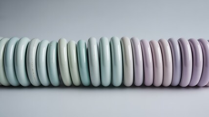 Pastel colored spiral plastic rings in a row on white background