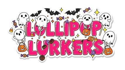 Lollipop Lurkers: A vibrant illustration showcasing the playful theme of Lollipop Lurkers, featuring adorable ghost characters, candy corn, pumpkin, and bat embellishments.