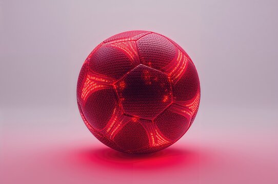 Futuristic soccer ball glowing with neon lights against a white backdrop. 3D digital art.