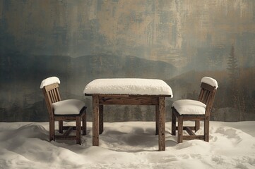 Fototapeta premium Snow-covered table and chairs