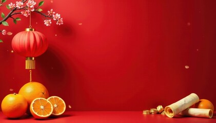 Red lanterns, oranges, spring rolls, and gold ingots on a red background , tradition, luck, auspicious