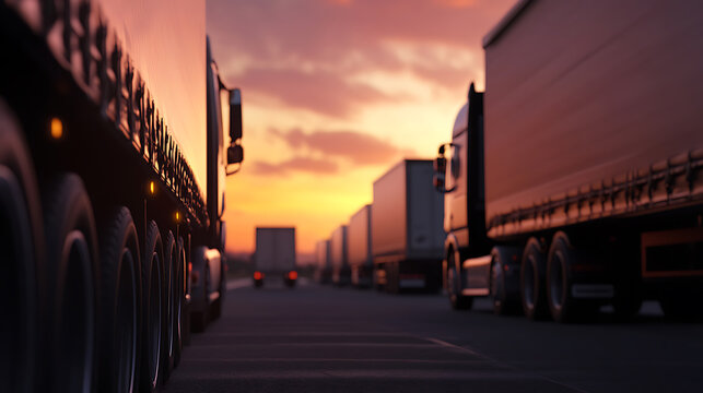 Trucks drive on a highway, silhouetted against a vibrant sunset sky. A convoy of vehicles is heading west, transporting cargo and goods for business.