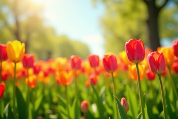 Fototapeta premium Sunny meadow, vibrant tulips blooming in spring , sunlight, photo
