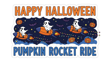 Fototapeta premium Halloween Pumpkin Rocket Ride: Whimsical cartoon depicts ghosts on rocket ships with Halloween pumpkins, ideal for festive holiday themes and celebrations.