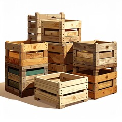 Arrangement of Wooden Crates with Varying Sizes and Textures in a Clean White Background