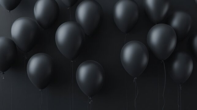 black balloons floating against a wall,