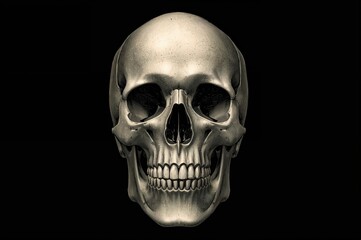 Human skull and jawbone viewed from the front, representing horror and poison themes for Halloween and piracy. Medical and anatomical drawing.