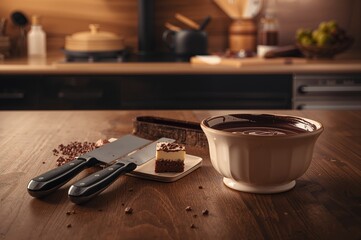 Close-up of cake scrapers beside bowl filled with melted dark chocolate on kitchen table
