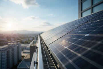 Fototapeta na wymiar Sunlight Glinting Off Solar Panels on Contemporary Apartment Balcony