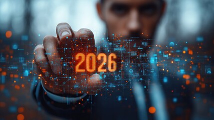 Visionary Gaze: A focused business person, poised on the edge of 2026, a year of potential. The future is being embraced in an atmosphere of technological advancement.