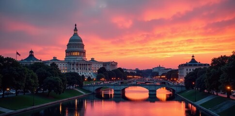 Fototapeta premium Capitol building overlooking Congress Avenue Bridge at sunset, panorama, view