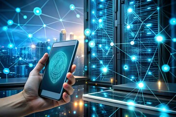 A hand holds a mobile phone with a fingerprint scan in a server room