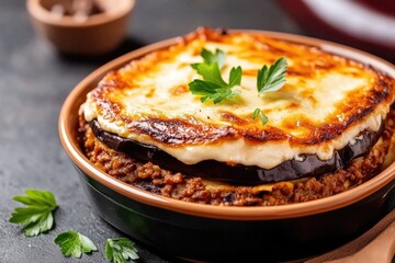 Delicious eggplant moussaka in rustic dish with herbs on dark background