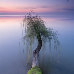 Willow tree in the water at sunset with a colorful sky