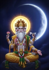 Divine Lord Brahma meditating under crescent moon celestial background.