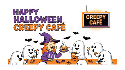 Halloween Creepy Cafe: A whimsical illustration sets a spooky cafe scene. A friendly witch, along with cute ghost, are enjoying a tasty drink.