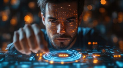 Tech Visionary: A focused individual, immersed in a vibrant digital landscape, engages with innovative technology, his touch sparking a futuristic glow. A moment of forward-thinking creation.