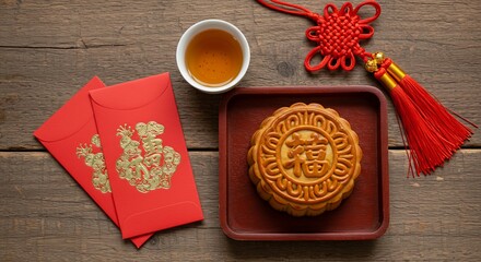 Mooncake and tea with red envelopes and chinese knot ornament