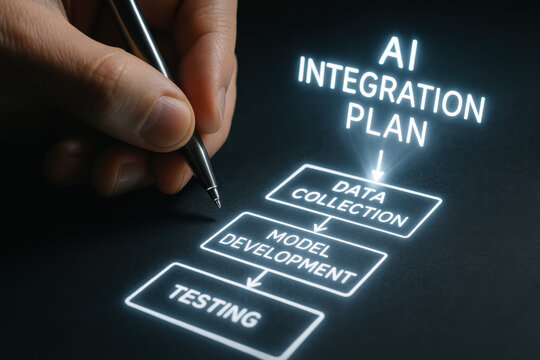 Artificial intelligence integration plan uses glowing flowchart with data collection tasks and model development process