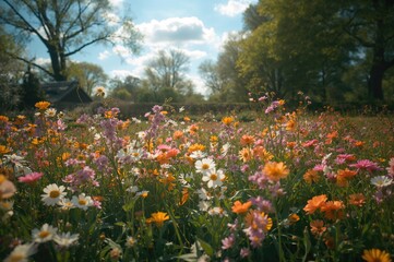 Fototapeta premium Blooming spring blossoms in a garden setting with lush greenery and white petals