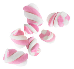 Flying Marshmallow candies isolated on white. High-Quality Levitating Marshmallows. Twisted colorful marshmallow Explosion. Top view. Flat lay. 