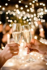 Festive celebration with champagne toast against sparkling light background