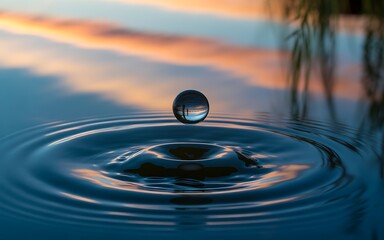 Water drop creating ripples on a tranquil surface at sunset