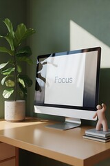 Modern workspace with computer and plant on the desk in the room
