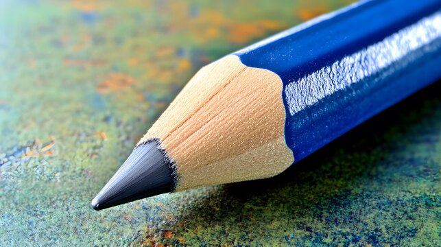 Macro shot of sharpened blue pencil on textured background representing creativity and precision