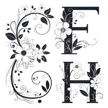 Elegant floral monograms featuring the letters f and h, adorned with delicate flowers and swirling foliage isolated on white background