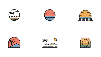 Modern oasis logo collection vector, minimalist tropical branding icons for hotels, spas, and resort, elegant vacation and luxury retreat identity design on white background