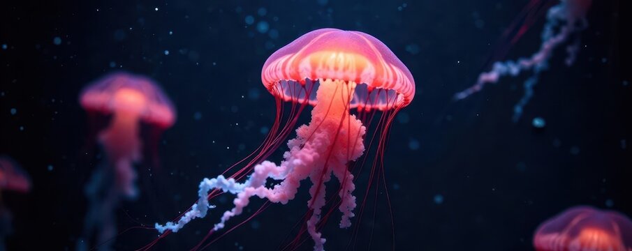 Single glowing jellyfish pulses softly in black water,  hadal trench,  black water