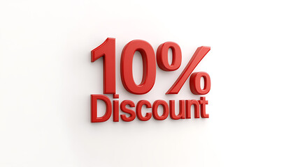 Red 3D "10% Discount" lettering on a white background. Represents sales, offers, or price reductions for marketing and advertising use.