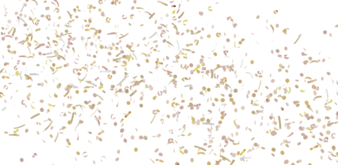 High-resolution image of gold and pink confetti falling on a white background. Perfect for celebrations, parties, and festive designs.