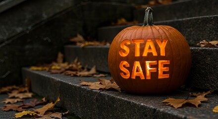 Carved pumpkin with stay safe message on steps with autumn leaves