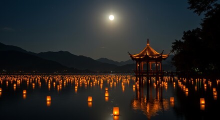 Floating lanterns on water under full moon with traditional pavilion