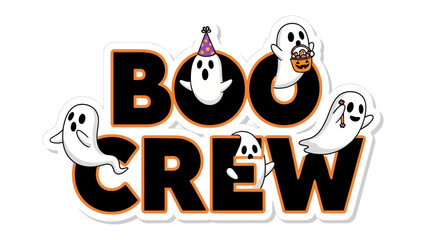 Obraz premium Spooky Crew Celebration: Festive, cartoonish ghosts gather around the Boo Crew text, embodying the playful spirit of Halloween, inviting all to revel in the spooky season.