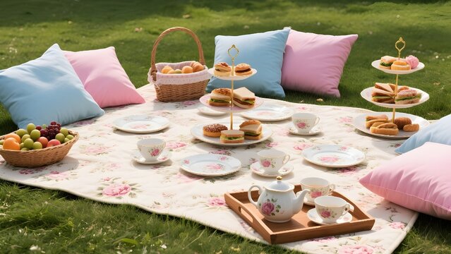 Elegant picnic with floral china, sandwiches, and fruit on a sunny lawn
