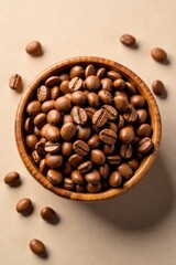 Fototapeta premium Wooden bowl brimming with light brown coffee beans , material, food
