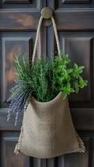 Close up of a bag with herbs hanging on a wooden door