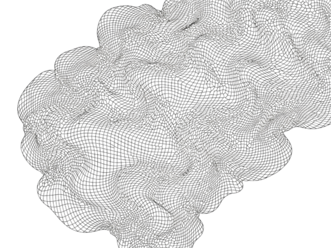 Abstract digital wireframe mesh of a complex organic shape on a transparent background