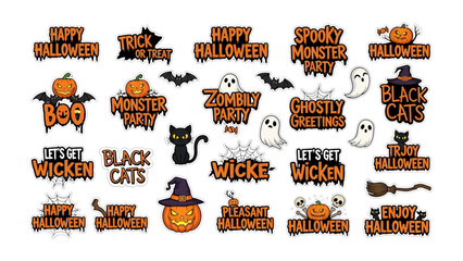 Halloween themed stickers: Diverse illustrations featuring Halloween themed stickers, including words, black cat, pumpkin and more.