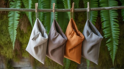 Reusable snack bags hanging on a branch with fern in the background